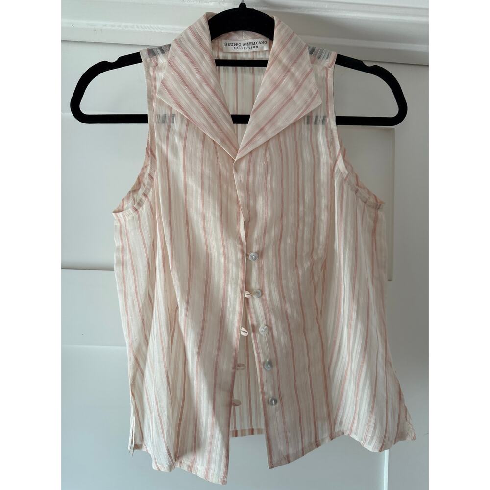 Vintage Sheer Pink Stripe Sleeveless Button Front Blouse Top Y2K Soft Girl